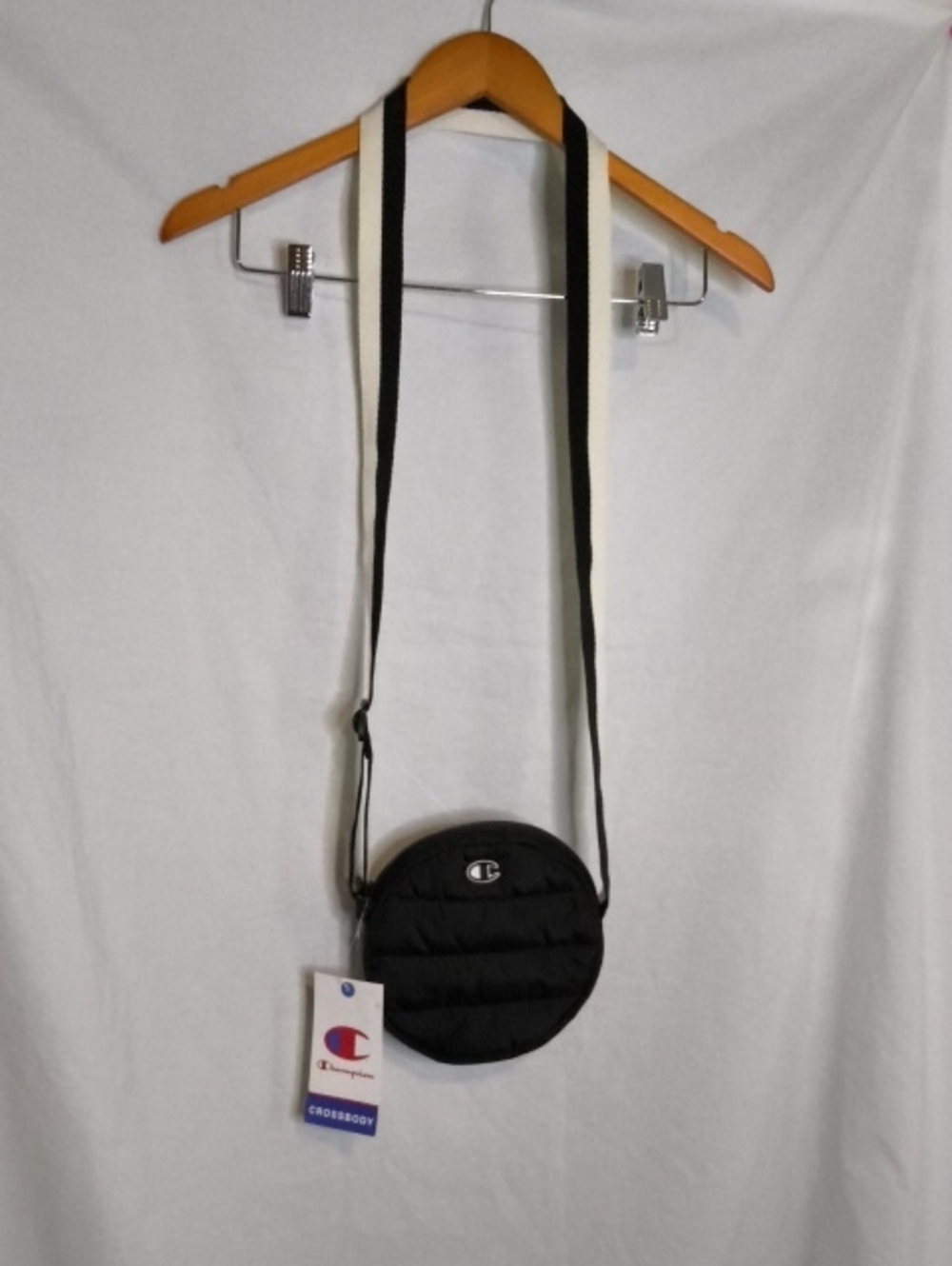 NEW Champion Black Quilted Round Crossbody with Striped Strap